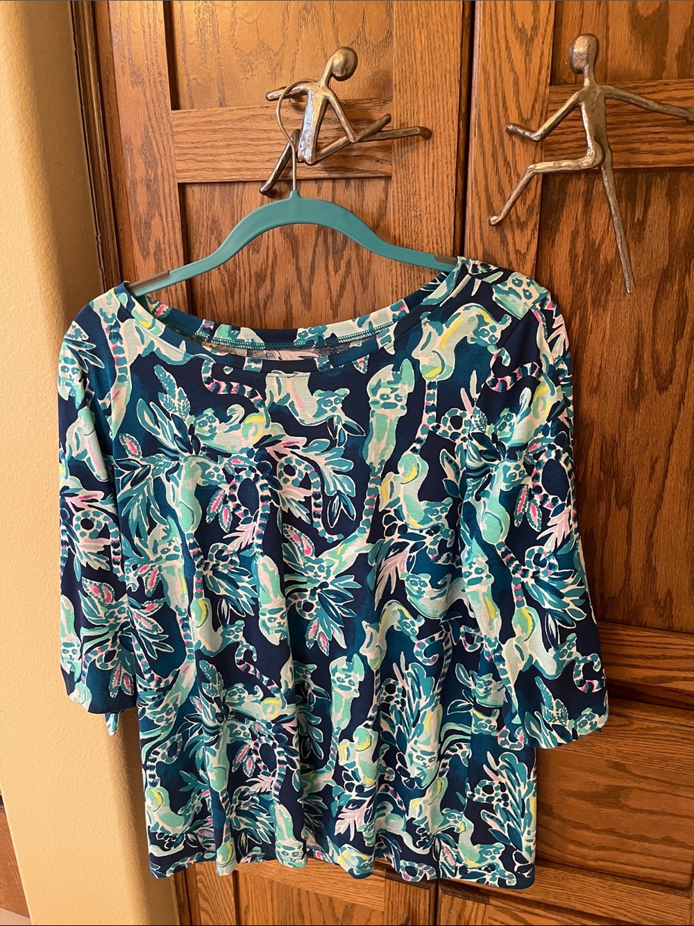 Lilly Pulitzer Navy Scoop-Neck Top with Jewel Tones and Lemurs!
